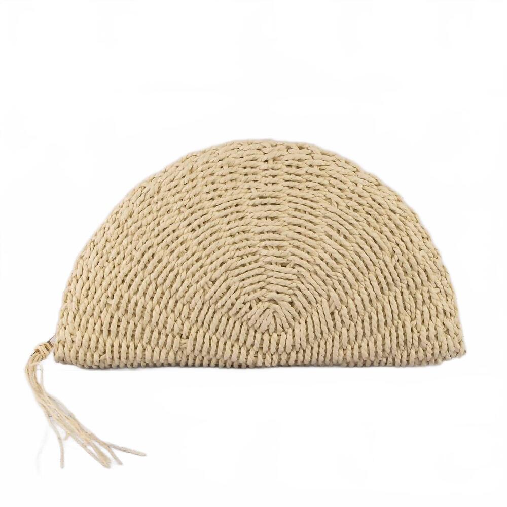 NEW FAME ACCESSORIES women's straw woven half moon clutch bag in beige
